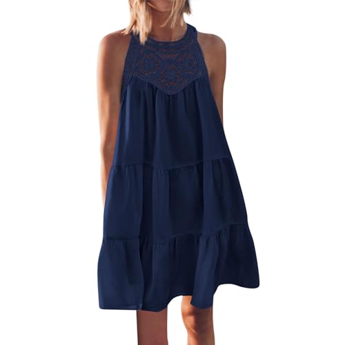 Ansenesna Boho Kleid Damen Kurz Ärmellos Sommerkleid Damen Elegant Locker Luftige Sommerkleider Leicht und Luftig Ibiza Style Kleider Frauen Hippie Lochstickerei Boho-Kleid Weite Strandkleid von Ansenesna