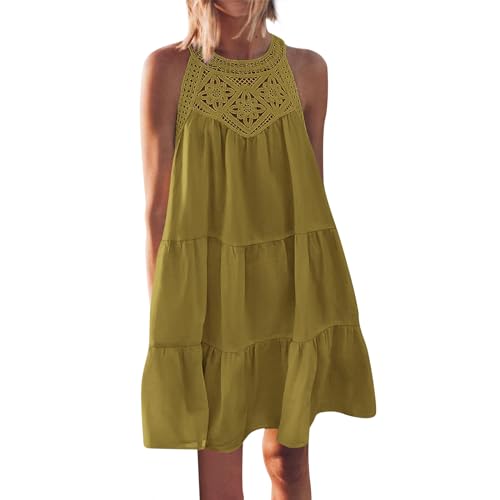 Ansenesna Boho Kleid Damen Kurz Ärmellos Sommerkleid Damen Elegant Locker Luftige Sommerkleider Leicht und Luftig Ibiza Style Kleider Frauen Hippie Lochstickerei Boho-Kleid Weite Strandkleid von Ansenesna