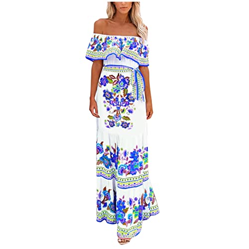 Ansenesna Boho Kleid Lang Schulterfreies Sommerkleid Damen Blumen Carmen Ausschnitt Strandkleid Elegant Lange Luftige Sommerkleider Frauen Off Shoulder Elegante Damenkleider Volant Maxikleider von Ansenesna