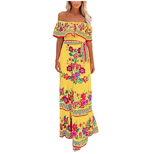 Ansenesna Boho Kleid Lang Schulterfreies Sommerkleid Damen Blumen Carmen Ausschnitt Strandkleid Elegant Lange Luftige Sommerkleider Frauen Off Shoulder Elegante Damenkleider Volant Maxikleider von Ansenesna