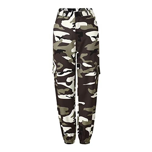 Ansenesna Cargo Hose Damen Camouflage High Waist Elegant Cargohose Mit Seitentaschen Frauen Hohe Taille Hosen mit Bündchen Lange Beine Freizeit Tarnhose von Ansenesna