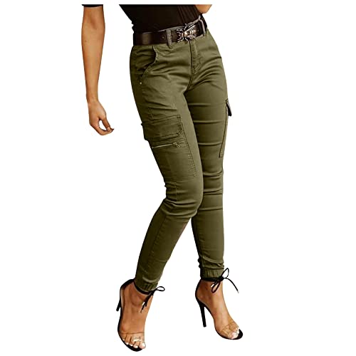 Ansenesna Cargo Hose Damen High Waist Mit Seitentaschen Elegant Cargohose Frauen Hoher Bund Hosen mit Bündchen Freizeithose Viele Taschen von Ansenesna