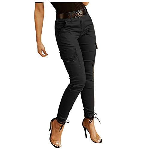 Ansenesna Cargo Hose Damen High Waist Mit Seitentaschen Elegant Cargohose Frauen Hoher Bund Hosen mit Bündchen Freizeithose Viele Taschen von Ansenesna