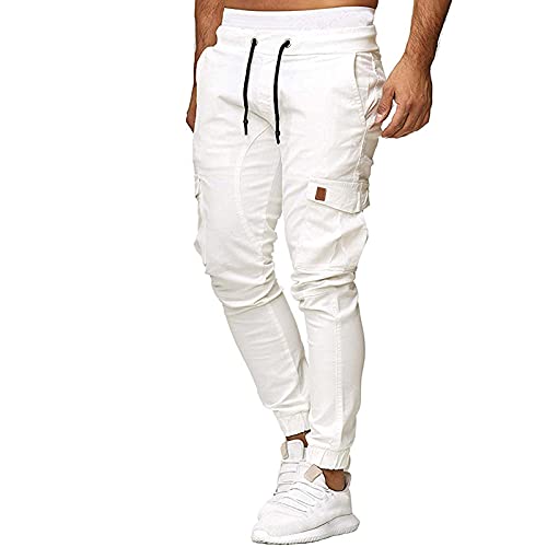 Ansenesna Cargohose Herren Gummibund Mit Seitentaschen Cargo Hosen Lang Männer mit Drawstring Jogginghose Chino Hose mit Bündchen Slim Fit (Weiss,XXL) von Ansenesna