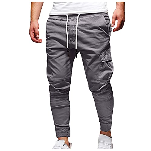 Ansenesna Cargohose Herren Gummibund Seitentaschen Hosen Männer mit Bündchen Drawstring Lang Outdoor Cargo Chino Hose Slim Fit (Dunkelgrau,XXXXL) von Ansenesna