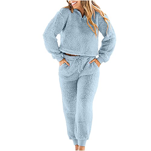 Ansenesna Damen Hausanzug Plüsch Fleece Winter Elegant Bekleidungsset Frauen Gefüttert Teddyfleece Anzug Zweiteilig Freizeitanzug Teddyplüsch Warm Langarm Oberteile und Hose (Blau,L) von Ansenesna