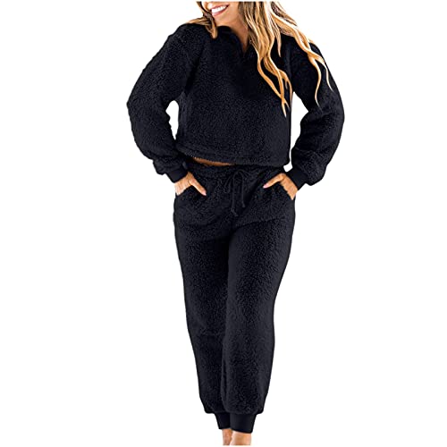 Ansenesna Damen Hausanzug Plüsch Fleece Winter Elegant Bekleidungsset Frauen Gefüttert Teddyfleece Anzug Zweiteilig Freizeitanzug Teddyplüsch Warm Langarm Oberteile und Hose (Schwarz,L) von Ansenesna