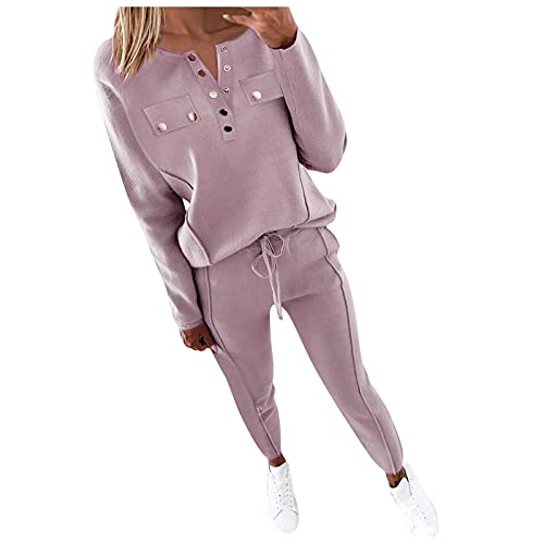 Ansenesna Damen Hausanzug Winter Einfarbig Elegant Bekleidungsset Frauen Zweiteilig Freizeitanzug Anzug 2 Teilig Langarm Oberteile und Hose (Rosa,M) von Ansenesna