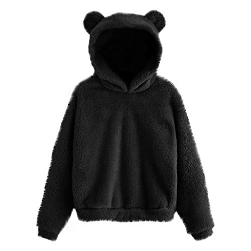 Ansenesna Damen Hoodie Mit Ohren Flauschig Warm Kapuze Elegant Pullover Frauen Plüsch Fleece Einfarbig Pulli (Schwarz, XXXL) von Ansenesna