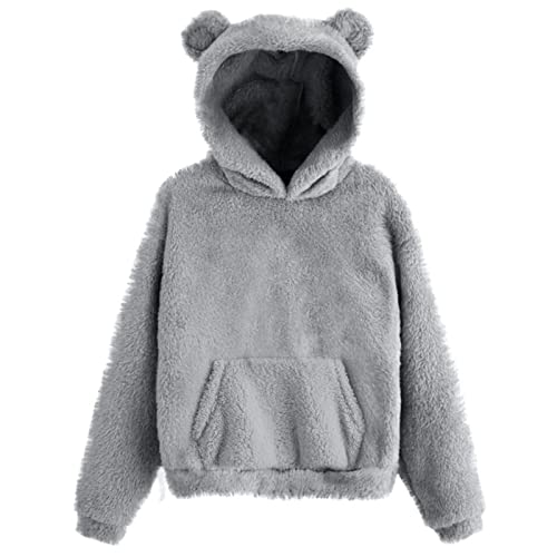 Ansenesna Damen Hoodie Mit Ohren Teddyfleece Pullover Flauschig Warm Kapuze Elegant Pullover Frauen Plüsch Fleece Einfarbig Pulli von Ansenesna