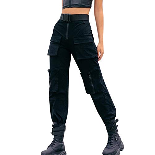 Ansenesna Damen Hose High Waist Cargo Viele Taschen Elegant Cargohose Frauen Einfarbig Locker Hosen Schwarz Hoher Bund Freizeithose (Schwarz,M) von Ansenesna
