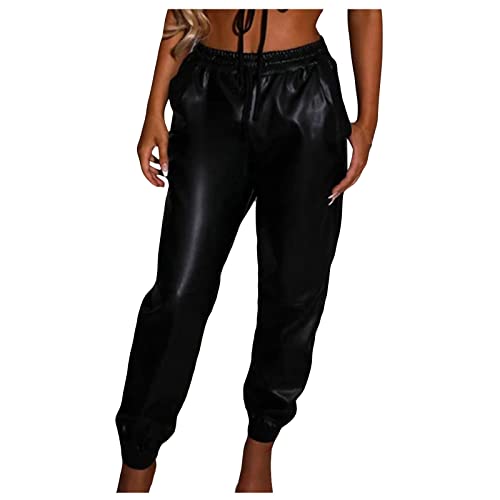 Ansenesna Damen Hose Lederoptik High Waist Lederhose Mit Gummibund Kordelzug Elegant Hosen Frauen Lederimitat Leder Freizeithose mit Bündchen von Ansenesna