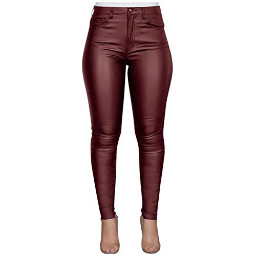 Ansenesna Damen Hose Lederoptik High Waist Stretch Skinny Elegant Hosen Frauen Leder Gummizug Elastischer Bund Jeggins Einfarbig Eng Lang Lederhose Hoher Bund Bleistifthosen (Weinrot 1, XL) von Ansenesna