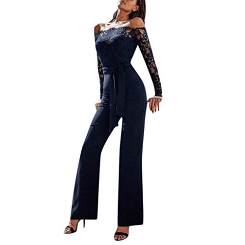 Ansenesna Damen Hosenanzug Jumpsuit Lang Elegant Weites Bein Schulterfrei Overall Frauen Spitze Off Shoulder mit Gürtel Festlich Playsuit (Dunkelblau,M) von Ansenesna