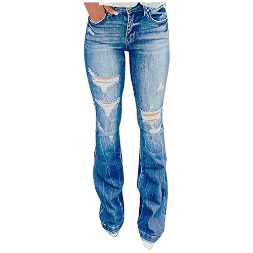 Ansenesna Damen Jeans Flared Destroyed Löcher Elegant Schlaghose Frauen Zerrissen Risse Normale Leibhöhen Denim Hosen Knopfleiste Normal Waist Jeanshose von Ansenesna