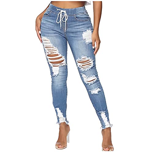 Ansenesna Damen Jeans Gummibund High Waist Jeans Mit Löchern Destroyed Elegant Hose Frauen Zerrissen Risse Hoher Bund Denim Hose Eng Curvy Jeanshose Röhrenjeans von Ansenesna