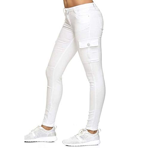 Ansenesna Damen Jeggings Hose Skinny Stretch Elegant Jeggins Frauen Lang Eng Schmales Bein Hosen Mit Seitentaschen Einfarbig Freizeithose (Weiss, L) von Ansenesna