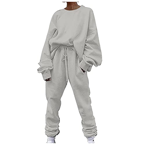 Ansenesna Damen Jogginganzug Dünne Elegant Hausanzug Frauen Zweiteilig Einfarbig Bekleidungsset 2 Teilig Anzug Freizeitanzug Langarm Oberteile und Jogginghose (Weiss,M) von Ansenesna