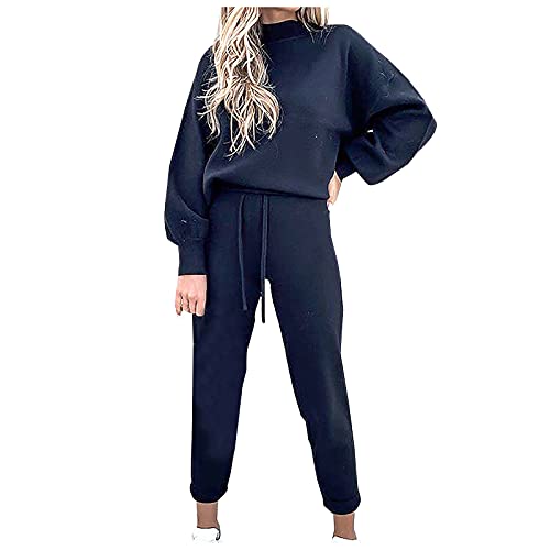 Ansenesna Damen Jogginganzug Winter Elegant Hausanzug Zweiteilig Frauen Einfarbig Trainingsanzug 2 Teilig Sportanzug Langarm Oberteile und Jogginghose (Dunkelblau,XL) von Ansenesna