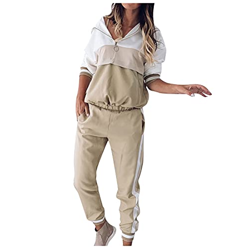 Ansenesna Damen Jogginganzug mit Kapuze Elegant Hausanzug Reißverschluss Frauen Zweiteilig Trainingsanzug 2 Teilig Sportanzug Langarm Hoodie und Hose Jogginghose (Khaki,M) von Ansenesna