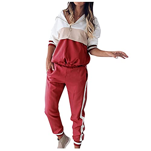 Ansenesna Damen Jogginganzug mit Kapuze Elegant Hausanzug Reißverschluss Frauen Zweiteilig Trainingsanzug 2 Teilig Sportanzug Langarm Hoodie und Hose Jogginghose (Rot,M) von Ansenesna