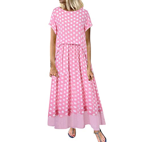 Ansenesna Damen Kleid Punkte Sommer Baumwolle Große Größen Lang Elegant Sommerkleider Frauen Kurzarm Locker Maxikleid (Rosa,XXL) von Ansenesna