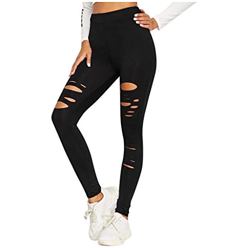 Ansenesna Damen Leggings Sport Löcher High Waist Stretch Skinny Elegant Hose Frauen Jogger Gummizug Sporthose Gummibund Risse Ripped Hosen (Schwarz,M) von Ansenesna