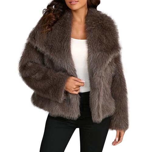 Ansenesna Felljacke Damen Winter Kurz Flauschig Wintermantel Damen Warm Kunstpelz Fellmantel Elegant Plüsch Fellkragen Pelzmantel Frauen Kunstfell Dicke Pelzjacke Thermo Mantel Ohne Kapuze von Ansenesna