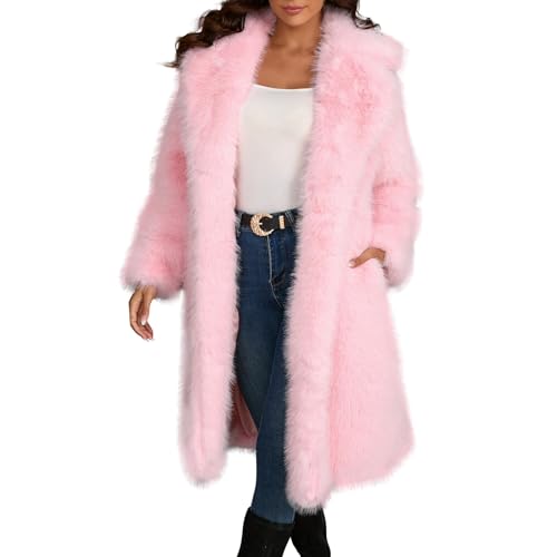Ansenesna Felljacke Damen Winter Lang Flauschig Lange Wintermantel Damen Warm Elegant Fellmantel Fellkragen Plüsch Pelzmantel Frauen Kunstfell Umlegekragen Pelzjacke Oversize Thermo Mantel von Ansenesna