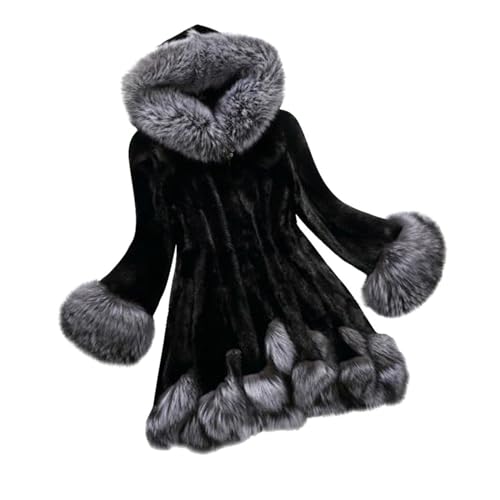 Ansenesna Felljacke Damen Winter Mit Kapuze Flauschig Wintermantel Damen Warm Gefüttert Fellmantel Elegant Plüsch Fellkapuze Pelzmantel Frauen Kunstfell Dicke Pelzjacke Thermo Mantel von Ansenesna