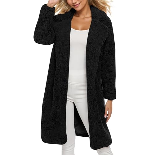 Ansenesna Fleecejacke Damen Lang Ohne Kapuze Warm Winterjacke Damen Fleece Flauschig Wintermantel Elegant Plüsch Mante Frauen Winter Teddyfleece Fleecemantel Oversize Lange Damen-Jacken von Ansenesna