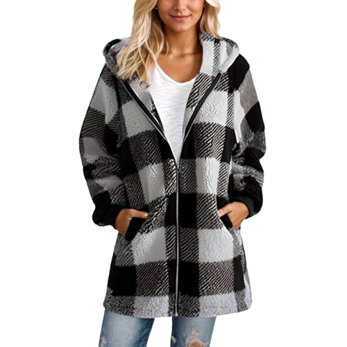 Ansenesna Fleecejacke Damen Mit Kapuze Flauschig Winterjacke Damen Warm Gefüttert Wintermantel Elegant Kariert Dicke Mantel Jacke Frauen Winter Plüsch Fleece Damen-Jacken mit Reissverschluss von Ansenesna