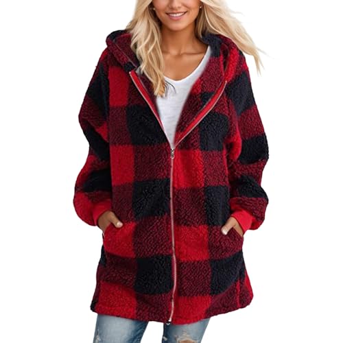Ansenesna Fleecejacke Damen Mit Kapuze Flauschig Winterjacke Damen Warm Gefüttert Wintermantel Elegant Kariert Dicke Mantel Jacke Frauen Winter Plüsch Fleece Damen-Jacken mit Reissverschluss von Ansenesna