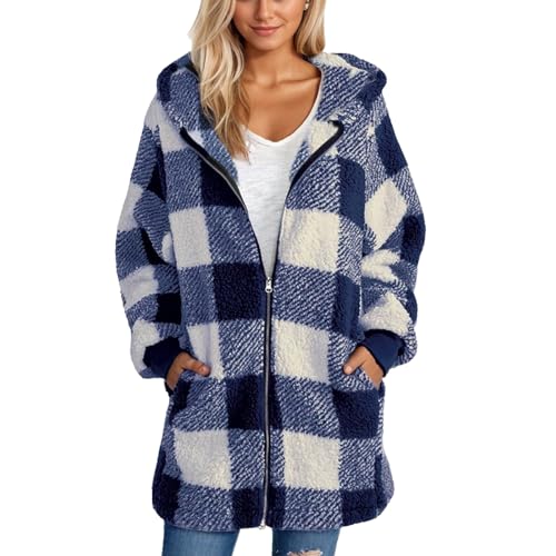 Ansenesna Fleecejacke Damen Mit Kapuze Flauschig Winterjacke Damen Warm Gefüttert Wintermantel Elegant Kariert Dicke Mantel Jacke Frauen Winter Plüsch Fleece Damen-Jacken mit Reissverschluss von Ansenesna