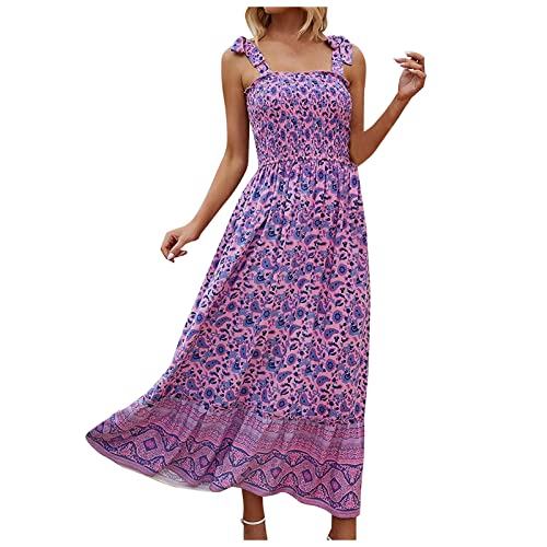 Ansenesna Gesmoktes Kleid Blumen Damen Boho Kleider Lang Rückenfrei Sommerkleid Elegant Frauen Sommer Träger Camisole Sommerkleider Maxi Leichte Strandkleid von Ansenesna