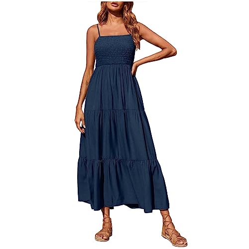 Ansenesna Gesmoktes Kleid Damen Sommer Lang Spaghettiträger Sommerkleid Damen Maxi Elegant Maxikleid Rückenfrei Elegante Kleider Frauen Träger Sommerkleider Damen Leicht Und Luftig Strandkleid von Ansenesna