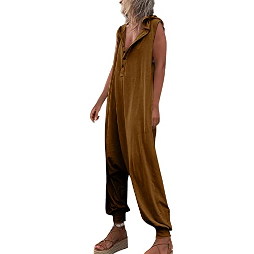 Ansenesna Harem Jumpsuit Damen Sommer Lang Overall Damen Elegant Kuschelig Strand Jumpsuits Haremshose Frauen Einteiler mit Knöpfen Kapuze Eleganter Playsuit Ärmellos Onesie Einfarbig von Ansenesna