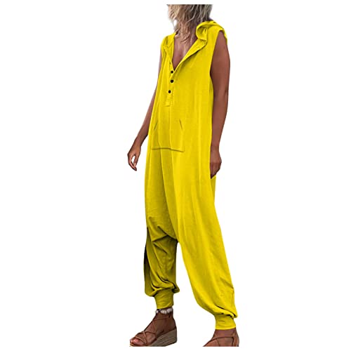 Ansenesna Harem Jumpsuit Damen Sommer Lang Overall Damen Elegant Kuschelig Strand Jumpsuits Haremshose Frauen Einteiler mit Knöpfen Kapuze Eleganter Playsuit Ärmellos Onesie Einfarbig von Ansenesna