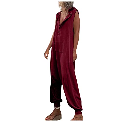 Ansenesna Harem Jumpsuit Damen Sommer Lang Overall Damen Elegant Kuschelig Strand Jumpsuits Haremshose Frauen Einteiler mit Knöpfen Kapuze Eleganter Playsuit Ärmellos Onesie Einfarbig von Ansenesna