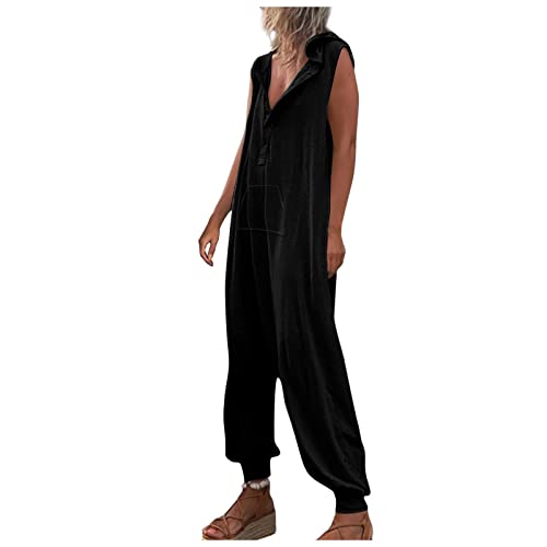 Ansenesna Harem Jumpsuit Damen Sommer Lang Overall Damen Elegant Kuschelig Strand Jumpsuits Haremshose Frauen Einteiler mit Knöpfen Kapuze Eleganter Playsuit Ärmellos Onesie Einfarbig von Ansenesna