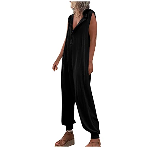 Ansenesna Harem Jumpsuit Damen Sommer Lang Overall Damen Elegant Kuschelig Strand Jumpsuits Haremshose Frauen Einteiler mit Knöpfen Kapuze Eleganter Playsuit Ärmellos Onesie Einfarbig von Ansenesna