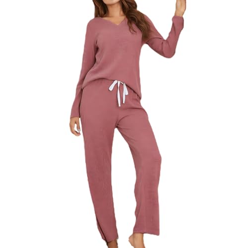 Ansenesna Hausanzug Damen Kuschelig Winter Schlafanzug Damen Lang Pyjama Frauen Waffelpique Elegant Zweiteiler Schlafanzüge Für Damen Langarm Kuschel Loungewear 2 Teilig Lounge Wear Set von Ansenesna