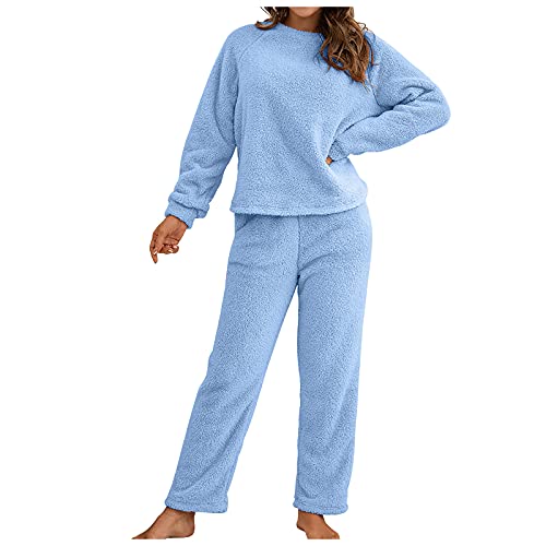 Ansenesna Hausanzug Fleece Damen Flauschig Teddyplüsch Gefüttert Winter Elegant Bekleidungsset Zweiteilig Frauen Teddyfleece Warm Freizeitanzug 2 Teilig Langarm Oberteile und Hose (Blau,L) von Ansenesna