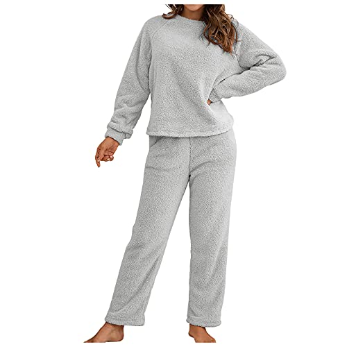 Ansenesna Hausanzug Fleece Damen Flauschig Teddyplüsch Gefüttert Winter Elegant Bekleidungsset Zweiteilig Frauen Teddyfleece Warm Freizeitanzug 2 Teilig Langarm Oberteile und Hose (Grau,L) von Ansenesna