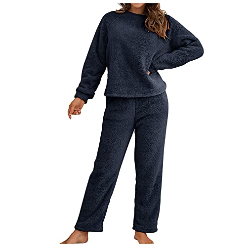 Ansenesna Hausanzug Fleece Damen Flauschig Teddyplüsch Gefüttert Winter Elegant Bekleidungsset Zweiteilig Frauen Teddyfleece Warm Freizeitanzug 2 Teilig Langarm Oberteile und Hose (Marineblau,S) von Ansenesna