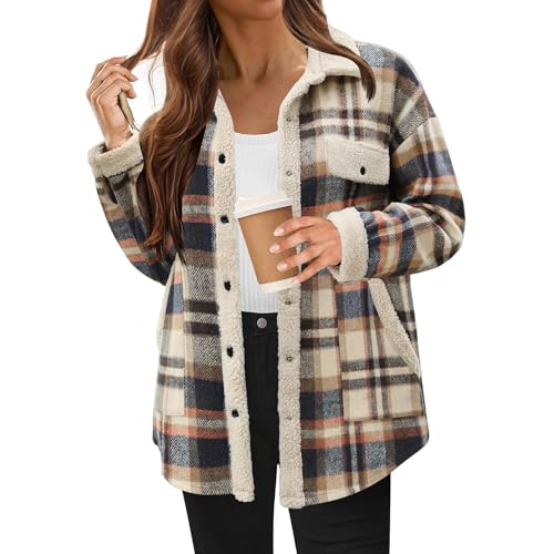 Ansenesna Hemdjacke Damen Kariert Winter Wintermantel Damen Elegant Karierte Jacke Frauen Fellkragen Warm Damen-Jacken Umlegekragen Langarm Damenmantel Oversize Mantel von Ansenesna