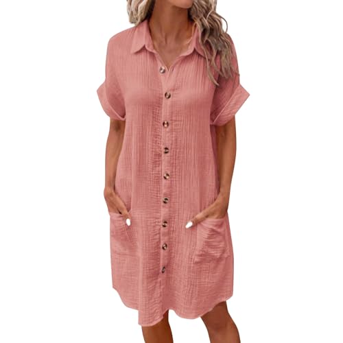 Ansenesna Hemdkleid Damen Sommer Kurz Musselin Kleid mit Knopfleiste Sommerkleid Damen Leicht Elegant Sommerkleider Damen Leicht Und Luftig Kleider mit Taschen Frauen Gerader Schnitt Blusenkleid von Ansenesna