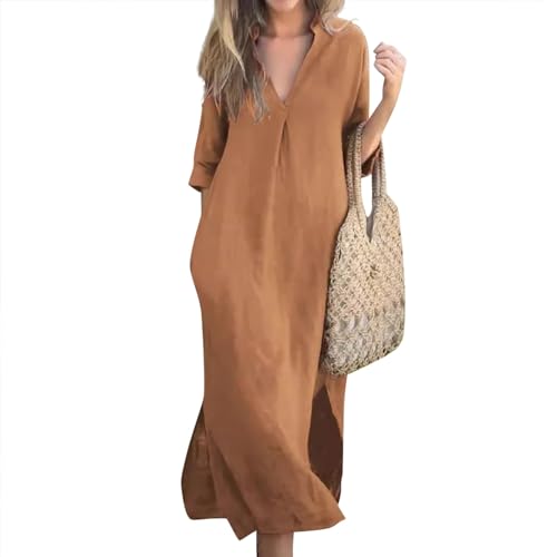 Ansenesna Hemdkleid Damen Sommer Lang Sommerkleid Damen Elegant V Ausschnitt Sommerkleider Damen Leicht und Luftig Kaftan Kleider Frauen 3/4 Ärmel Hemdblusenkleid Locker Kleid von Ansenesna