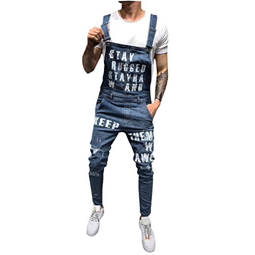 Ansenesna Herren Jeans Latzhose Löcher Slim Fit Destroyed Overall Männer Risse Ripped Denim Hose Destroyed Zerrissen Vintage Jeanshose (Blau,L) von Ansenesna