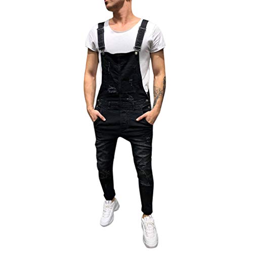 Ansenesna Herren Jeans Latzhose Slim Fit Löcher Risse Hose Männer Ripped Lang Vintage Denim Jumpsuit Destroyed Zerrissen Overall Jeanshose (Schwarz,S) von Ansenesna